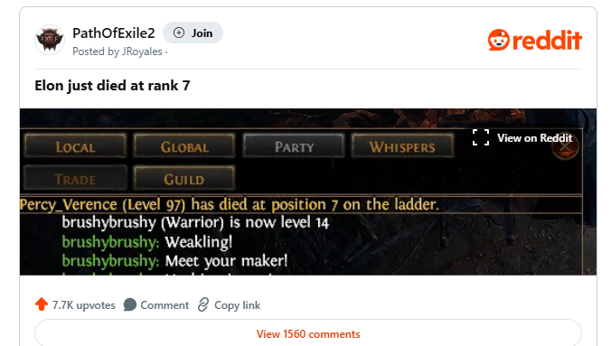 马斯克《流放之路2》硬核角色彻底死亡，玩家反应冷淡