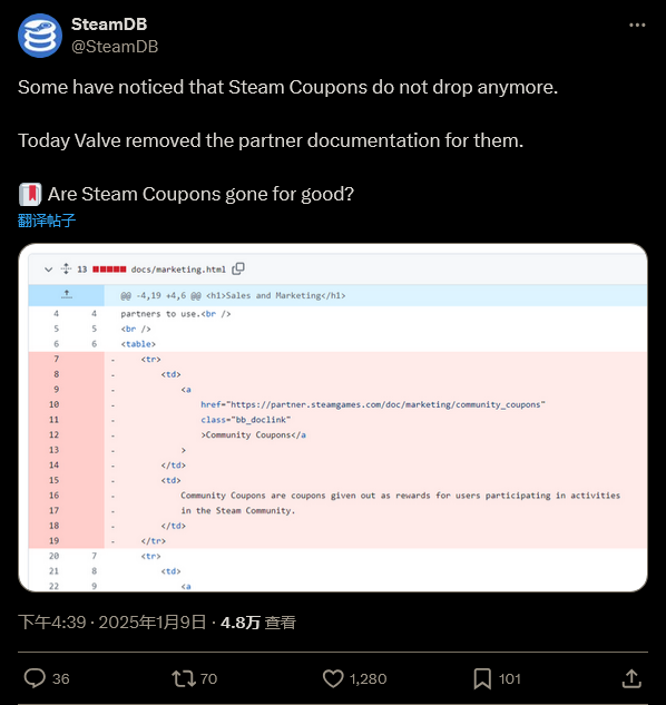 Steam优惠券已成历史：Valve悄然移除优惠券掉落功能