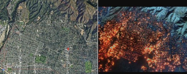 卫星图像揭示加州山火对富人区的毁灭性影响:两天内从繁荣景象到焦土